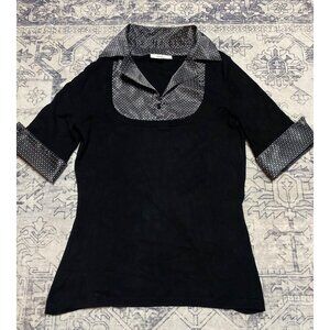 Black Dressbarn Small Polka Dot Accent Sweater Top Collared Neckline 3/4 Sleeves